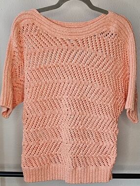 Chicos Womens Sweater Open Crochet Knit Pullover Peach/Coral Size 2